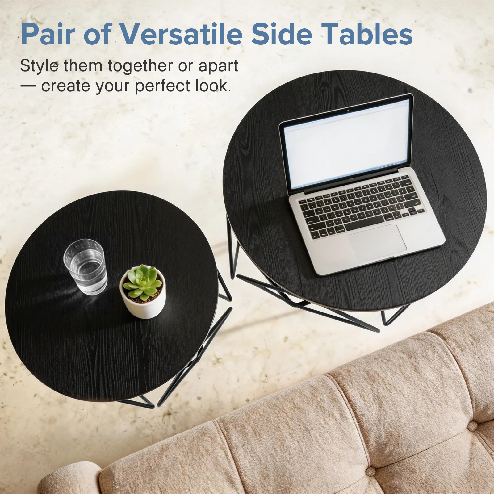JHK 20IN Round Geometric Coffee Table Set of 2 Movable End Tables for Living Room Nesting Side Tables with Hidden Storage