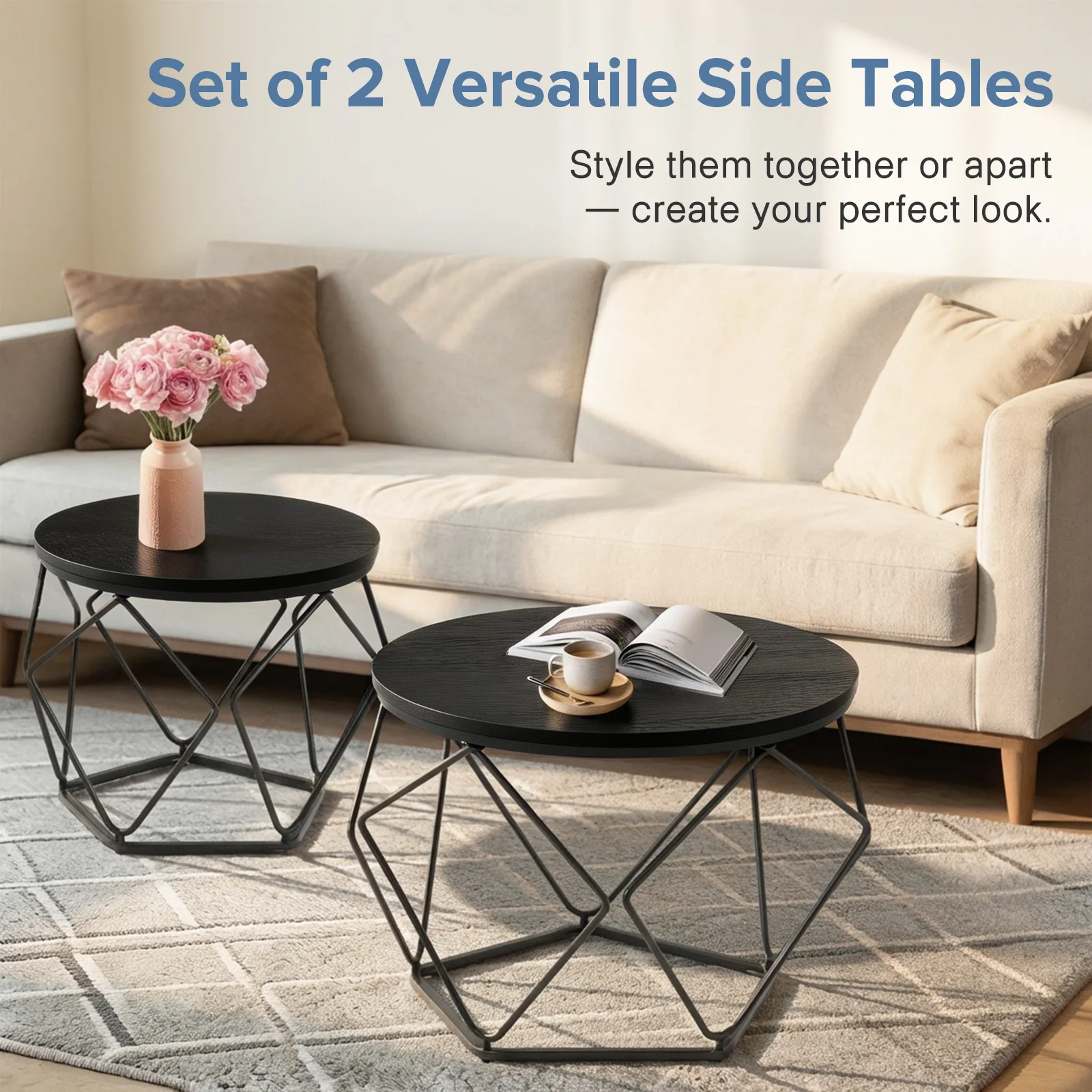JHK 20IN Round Geometric Coffee Table Set of 2 Movable End Tables for Living Room Nesting Side Tables with Hidden Storage