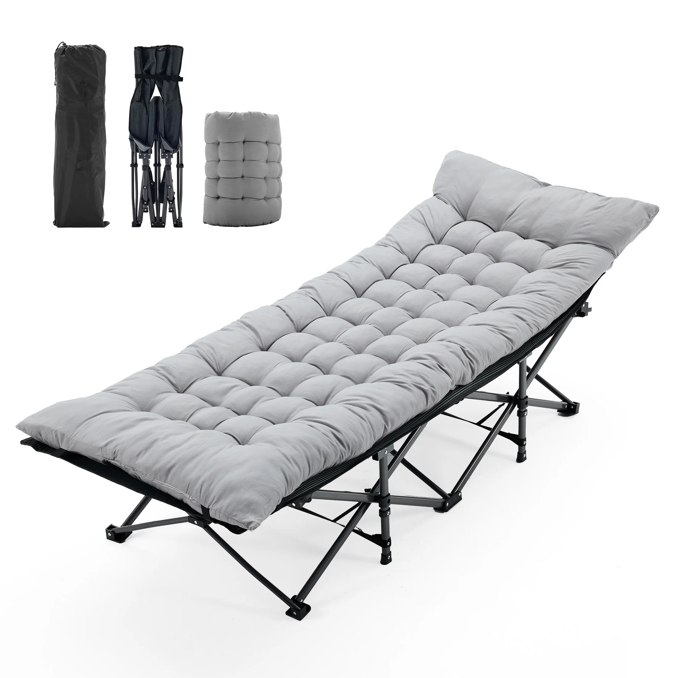 JHK Folding Camping Beach Lounge Chair Portable 3.5'' Cushion 440 lbs Sturdy Frame Compact Carry With Storage Bed for Outdoor