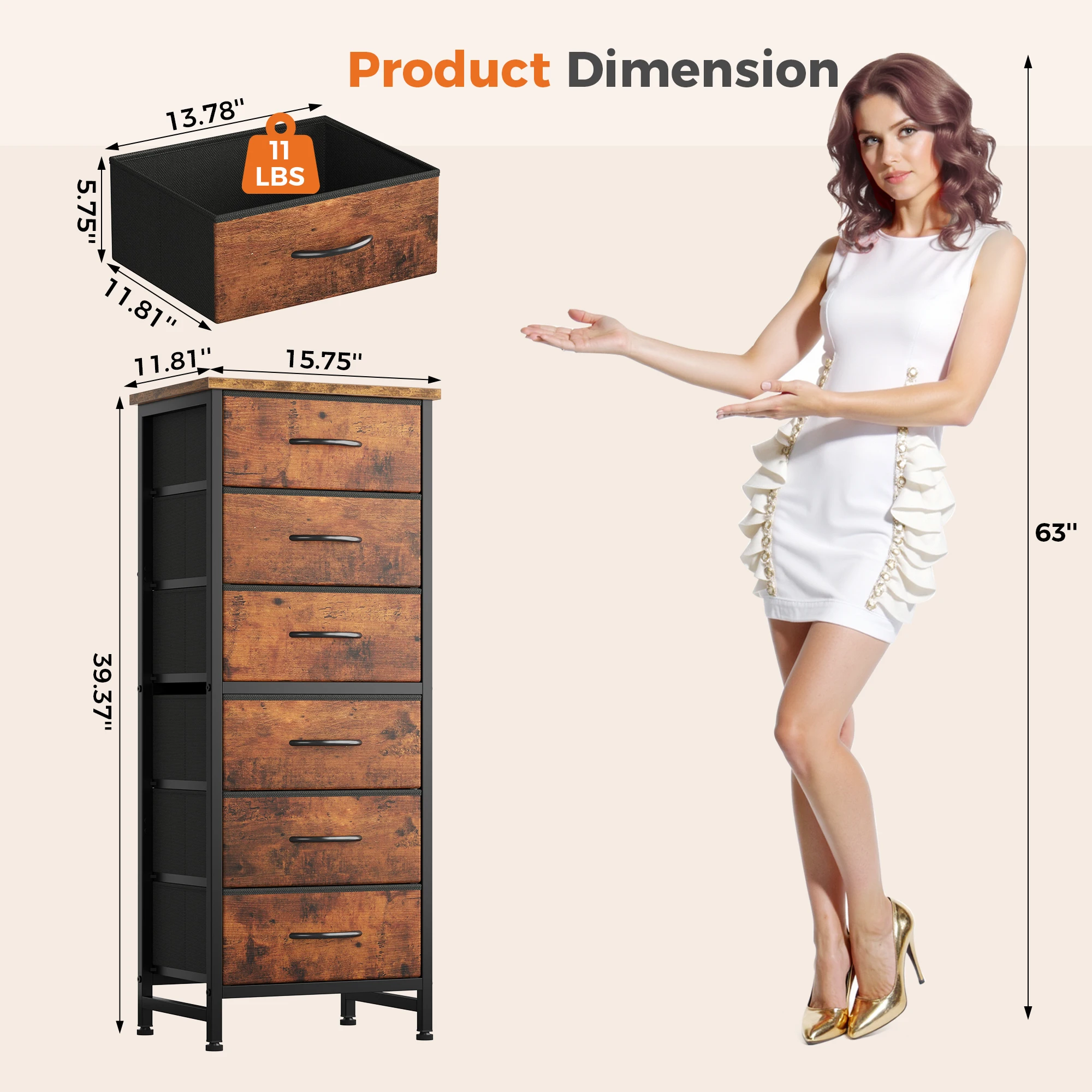 JHK Tall 6 Fabric Drawer Dresser for Bedroom Wood Top and Metal Frame Skinny Chest of Drawers Narrow Storage Tower with Organization Furniture