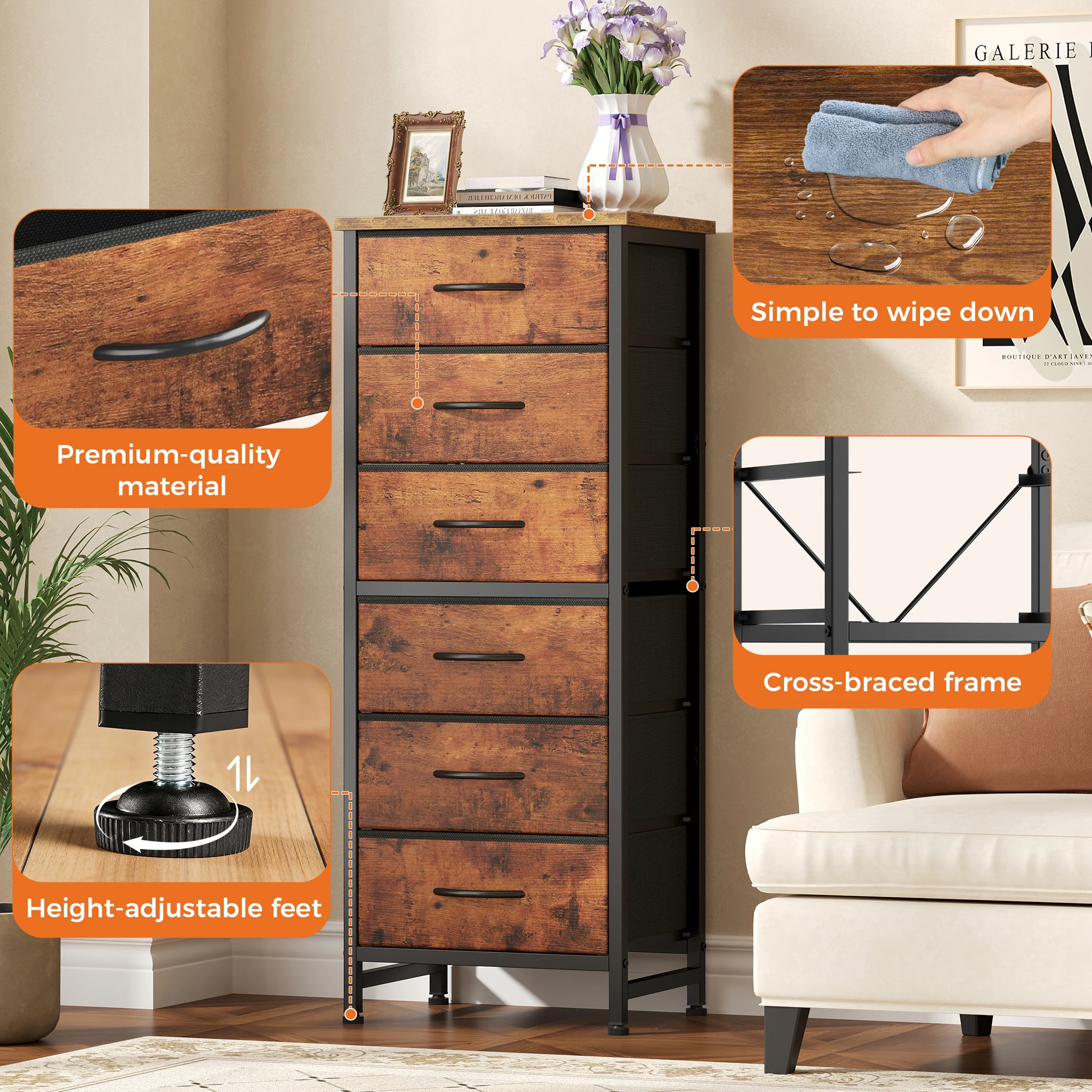 JHK Tall 6 Fabric Drawer Dresser for Bedroom Wood Top and Metal Frame Skinny Chest of Drawers Narrow Storage Tower with Organization Furniture