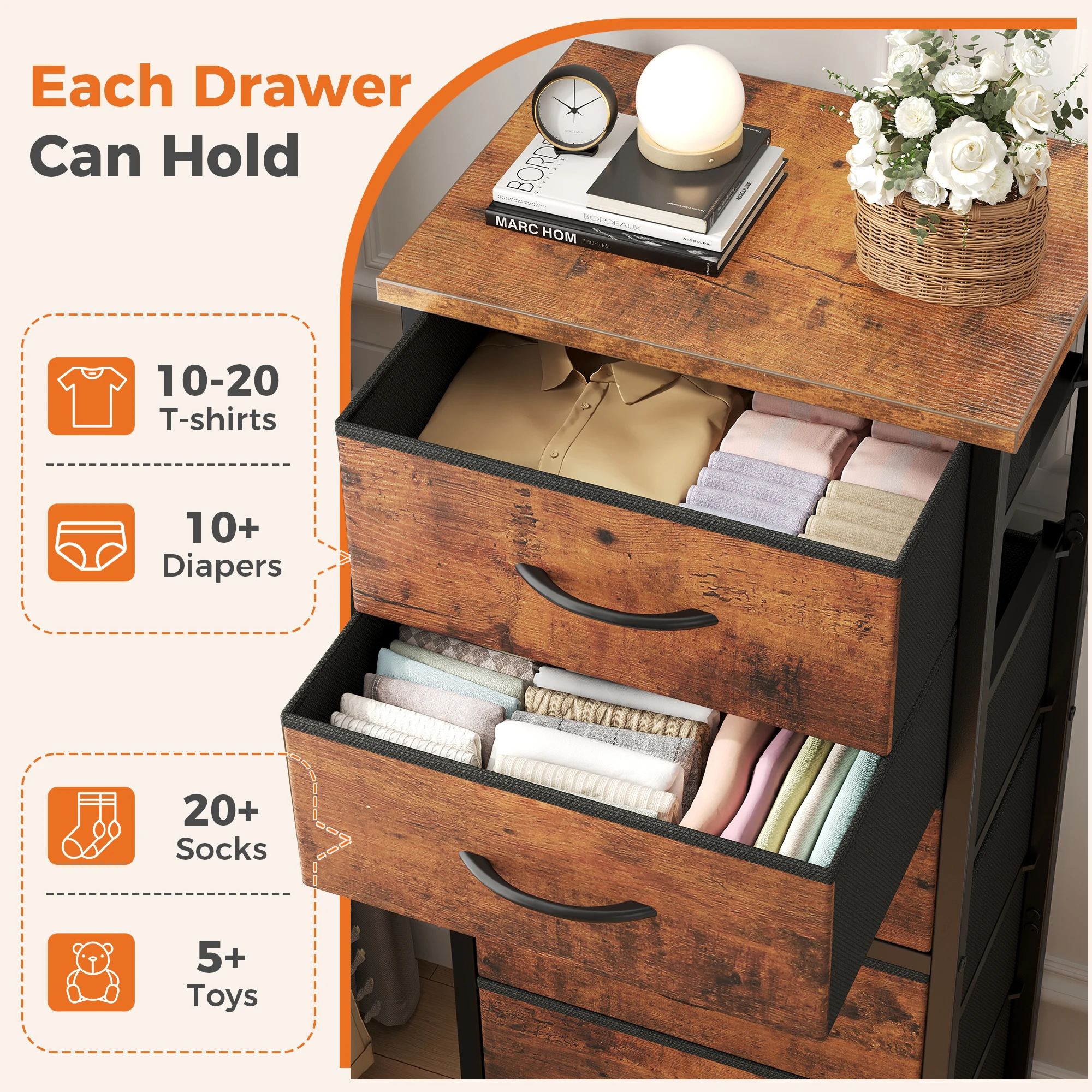 JHK Tall 6 Fabric Drawer Dresser for Bedroom Wood Top and Metal Frame Skinny Chest of Drawers Narrow Storage Tower with Organization Furniture