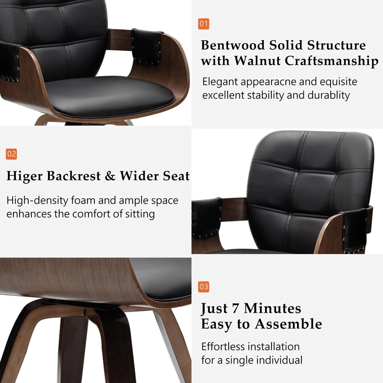 Set of 2 Mid Century Modern Chairs, Swivel Dining Chairs with Arms and Curved Back, Faux Leather Reception Room, Customized