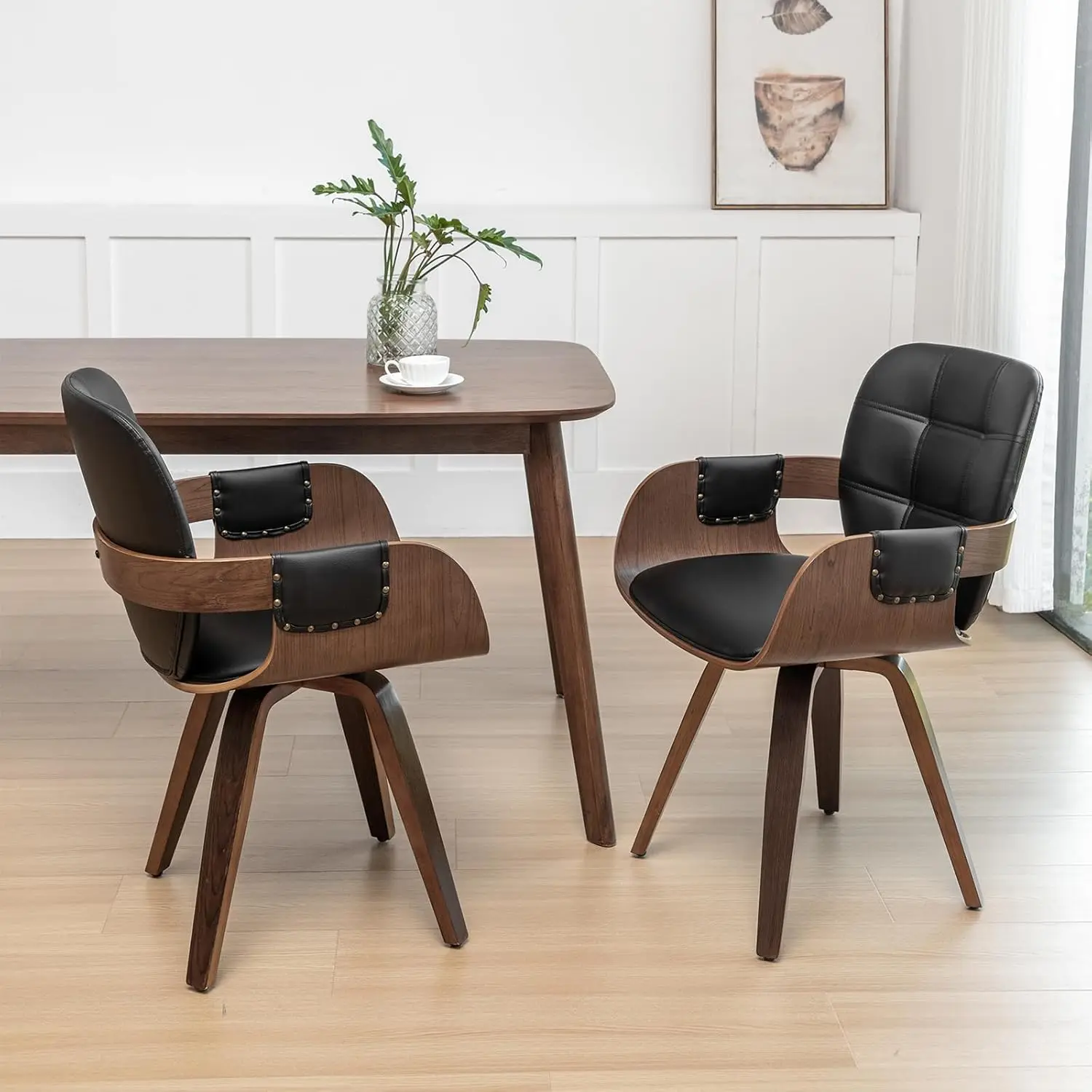 Set of 2 Mid Century Modern Chairs, Swivel Dining Chairs with Arms and Curved Back, Faux Leather Reception Room, Customized
