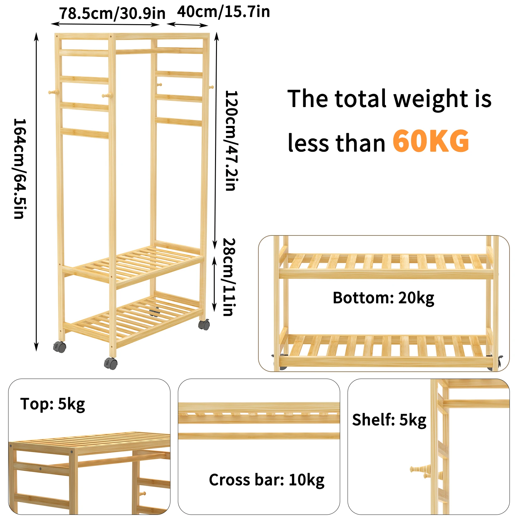 Heavy Duty Wooden Clothes Rail Rack Scarf Cap Garment Hanging Stand Side Hooks Corner Open Wardrobe