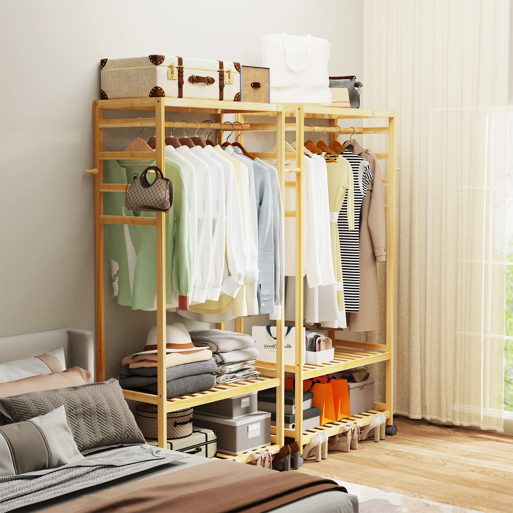 Heavy Duty Wooden Clothes Rail Rack Scarf Cap Garment Hanging Stand Side Hooks Corner Open Wardrobe