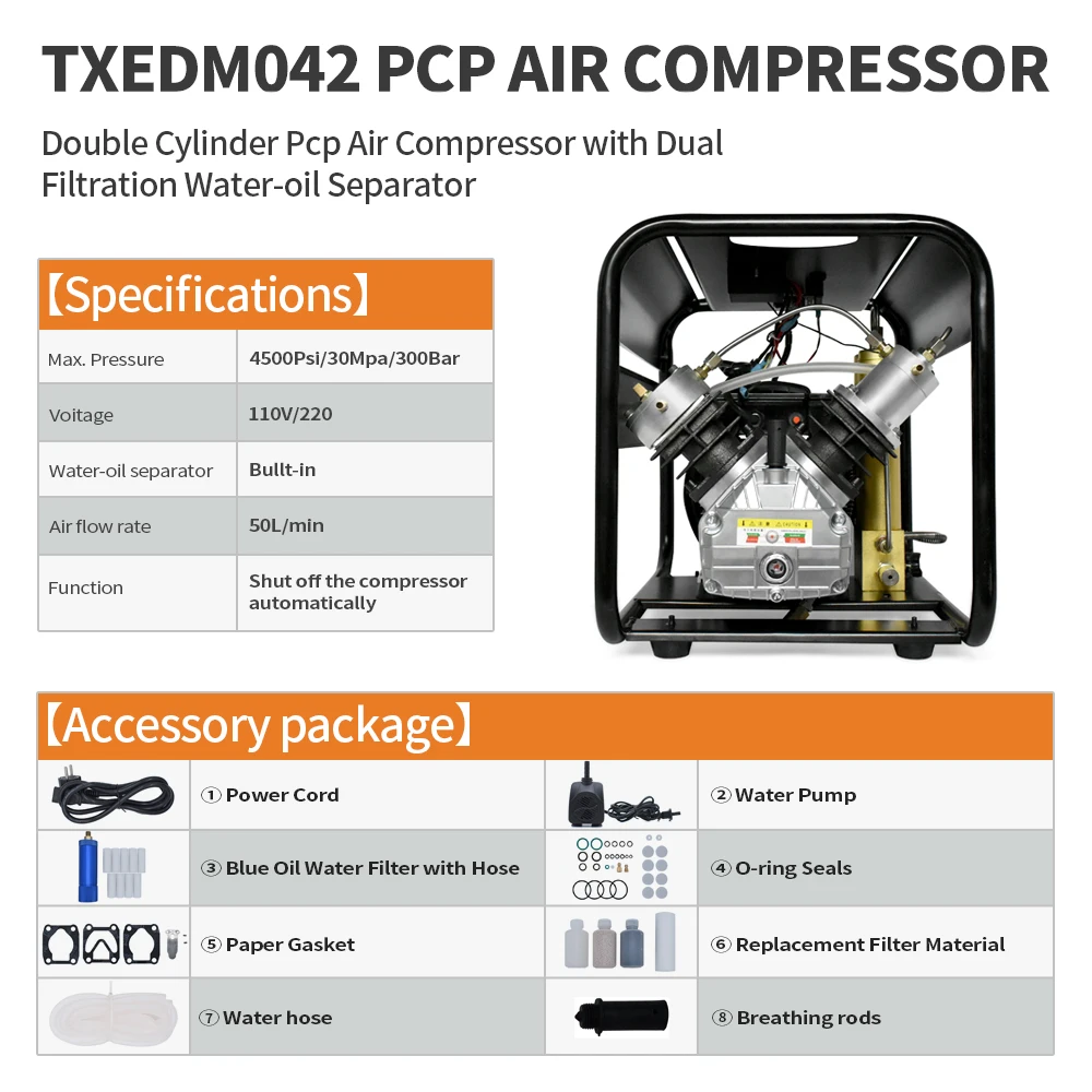 TUXING TXEDM042 300Bar PCP Air Compressor High Pressure Auto Stop With Double Filter Device for Scuba Diving Tank PCP Air Rifle
