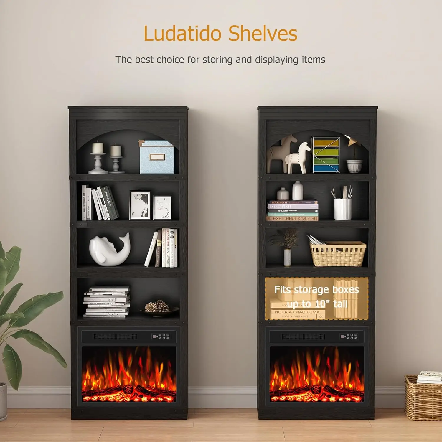 71" Arched 4-Tier Floor Bookshelf with Electric Fireplace & LED, Living Room, 750W/1500W, Black, Customized