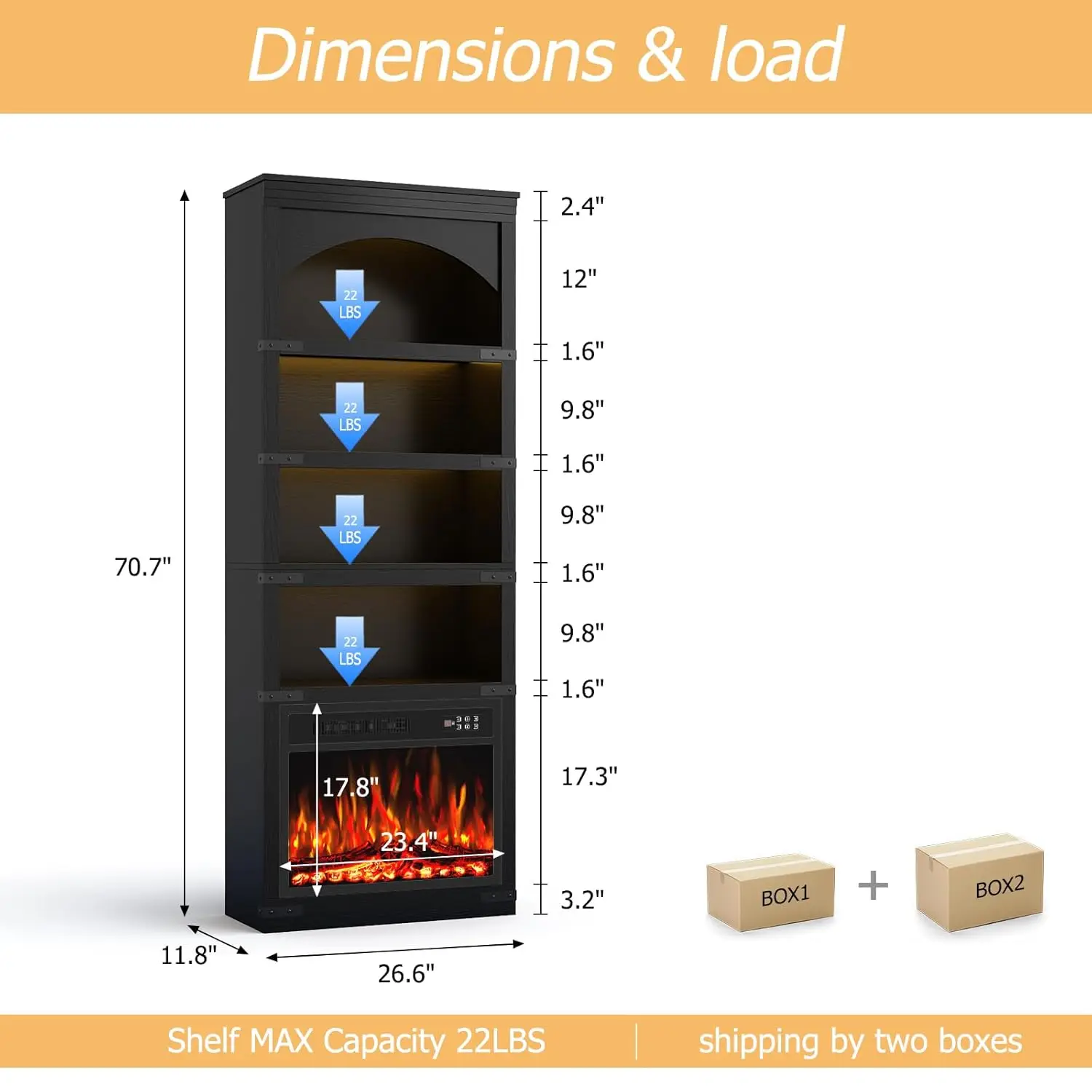 71" Arched 4-Tier Floor Bookshelf with Electric Fireplace & LED, Living Room, 750W/1500W, Black, Customized