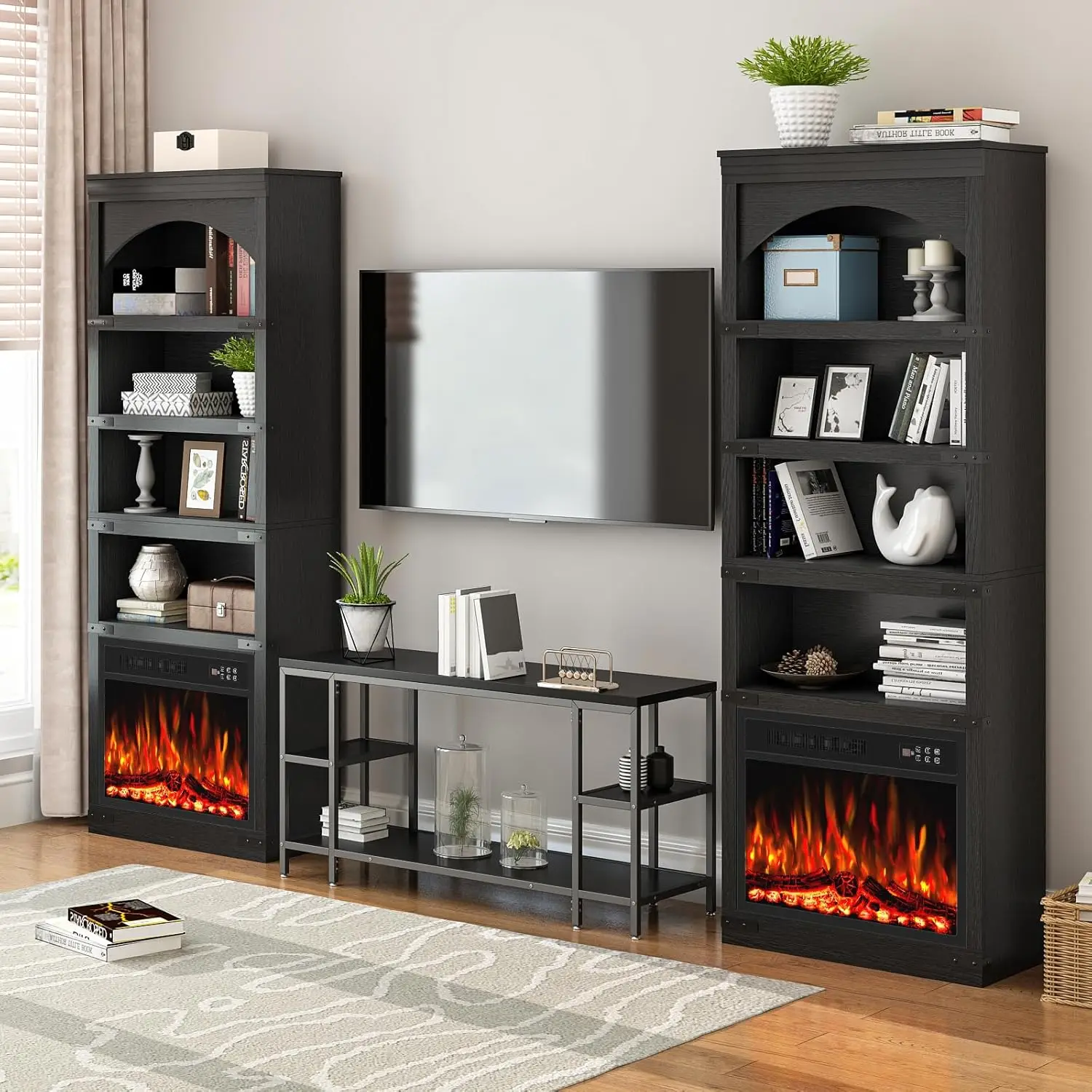 71" Arched 4-Tier Floor Bookshelf with Electric Fireplace & LED, Living Room, 750W/1500W, Black, Customized
