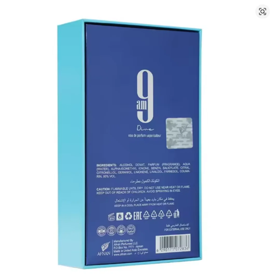 9AM Dive Unisex Eau De Parfum Fresh Aquatic Citrus Cologne with Lemon Mint Cedar Sandalwood Long Lasting Daytime Fragrance 100ml