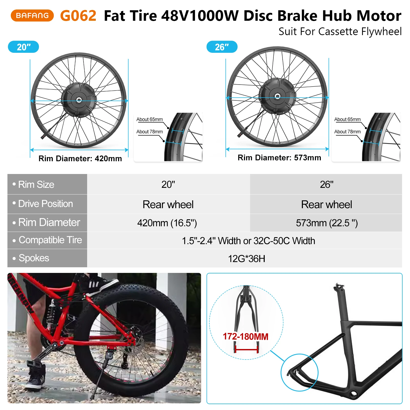 BAFANG G062 Wheel Hub Motor 48V 1000W 26/20inch x 4.0" Fat Tire Rear Disc Brake Driver Conversion Kits 8fun H550 Drop Out 175mm