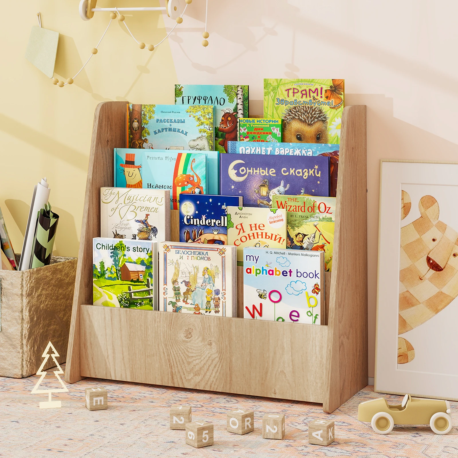 4-tier Kids Wooden Bookshelf Toddlers Book Rack w/ Deep Shelves Natural