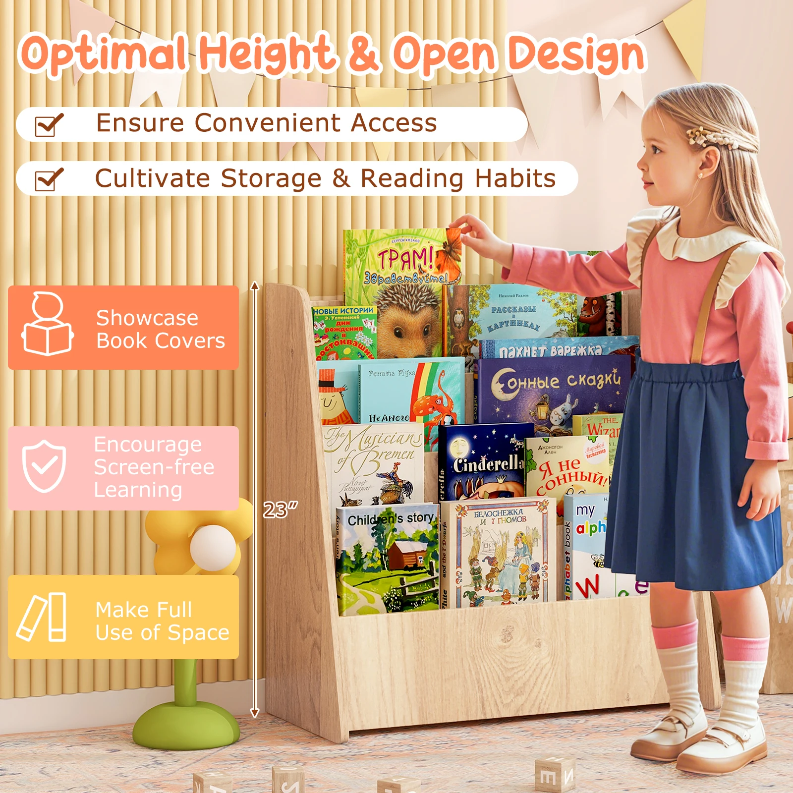 4-tier Kids Wooden Bookshelf Toddlers Book Rack w/ Deep Shelves Natural