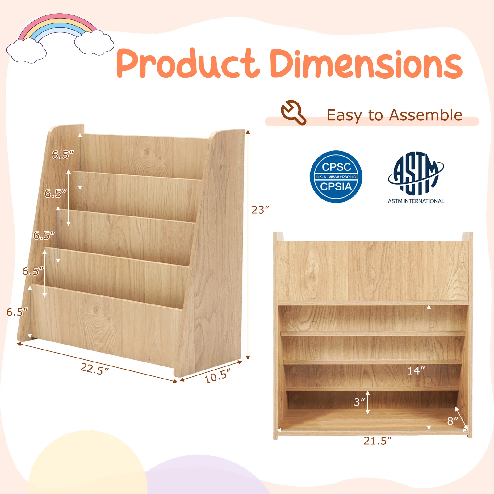 4-tier Kids Wooden Bookshelf Toddlers Book Rack w/ Deep Shelves Natural