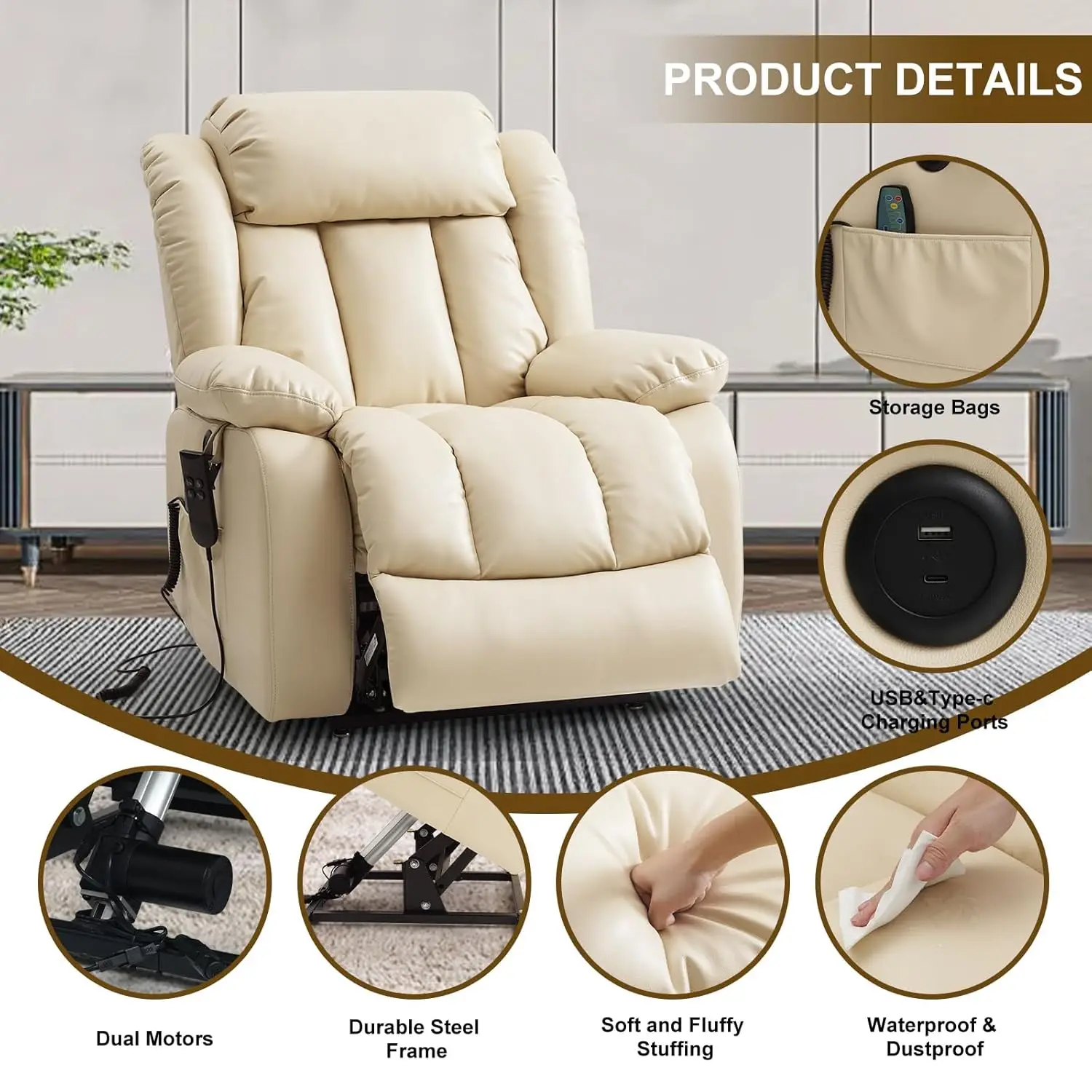 Dual Motor Large Power Lift Recliner Chair for Elderly with Heat and Massage,Lay Flat Lift Chairs Recliners for Seniors Infinite