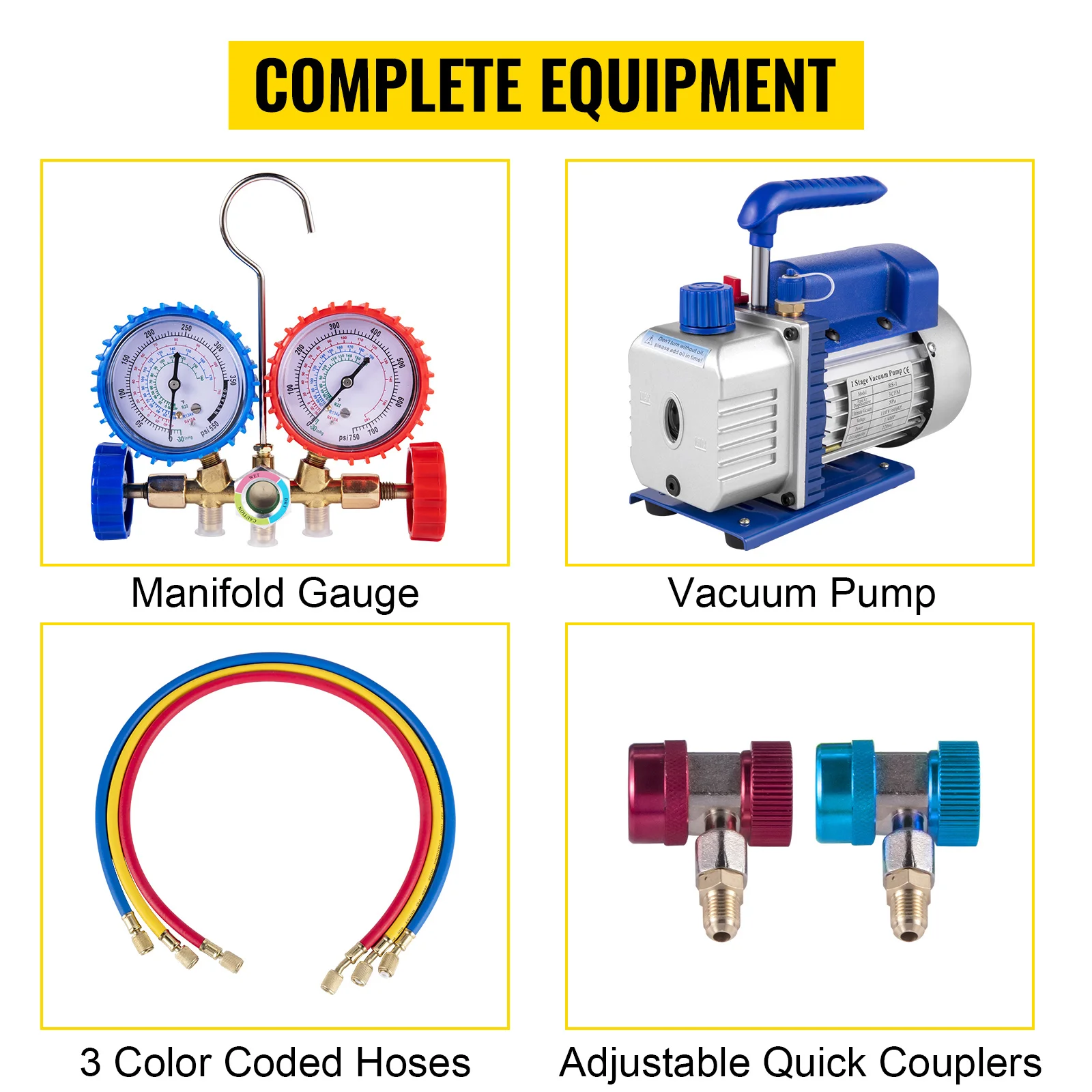 SucceBuy 3CFM 1/4HP Single Stage Air Vacuum Pump HVAC R134a R12 R22 R410a A/C Refrigeration Kit AC Manifold Gauge R134 Can Tap