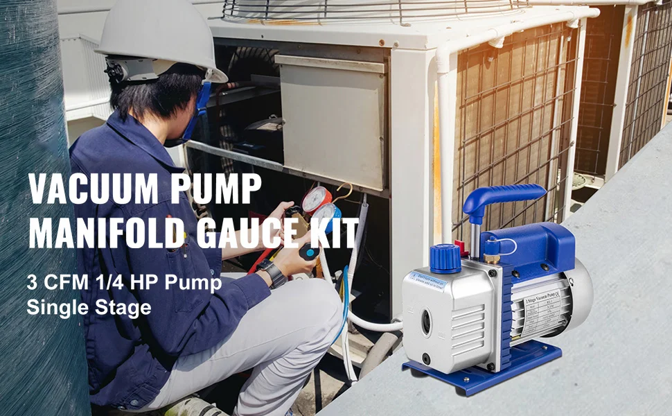 SucceBuy 3CFM 1/4HP Single Stage Air Vacuum Pump HVAC R134a R12 R22 R410a A/C Refrigeration Kit AC Manifold Gauge R134 Can Tap