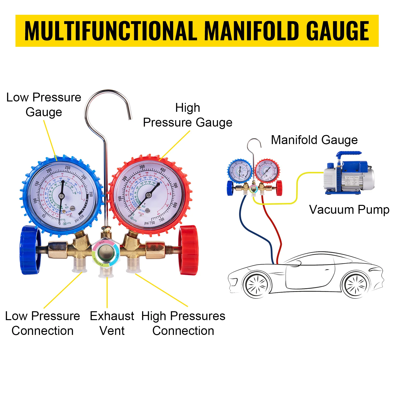 SucceBuy 3CFM 1/4HP Single Stage Air Vacuum Pump HVAC R134a R12 R22 R410a A/C Refrigeration Kit AC Manifold Gauge R134 Can Tap