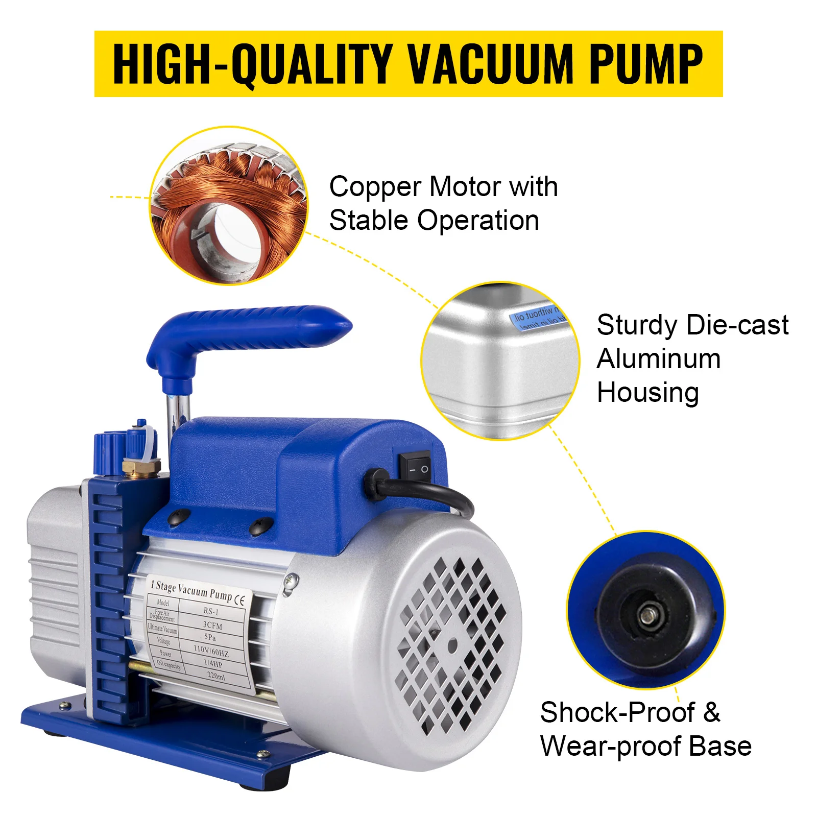SucceBuy 3CFM 1/4HP Single Stage Air Vacuum Pump HVAC R134a R12 R22 R410a A/C Refrigeration Kit AC Manifold Gauge R134 Can Tap