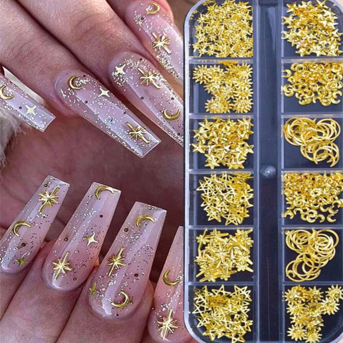 12-Grid Box of 3D Golden Nail Art Decorations - Metallic Star, Moon, Heart, Triangle, Square Nai