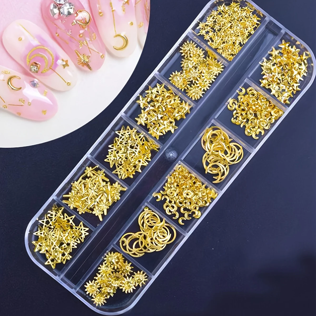 12-Grid Box of 3D Golden Nail Art Decorations - Metallic Star, Moon, Heart, Triangle, Square Nai