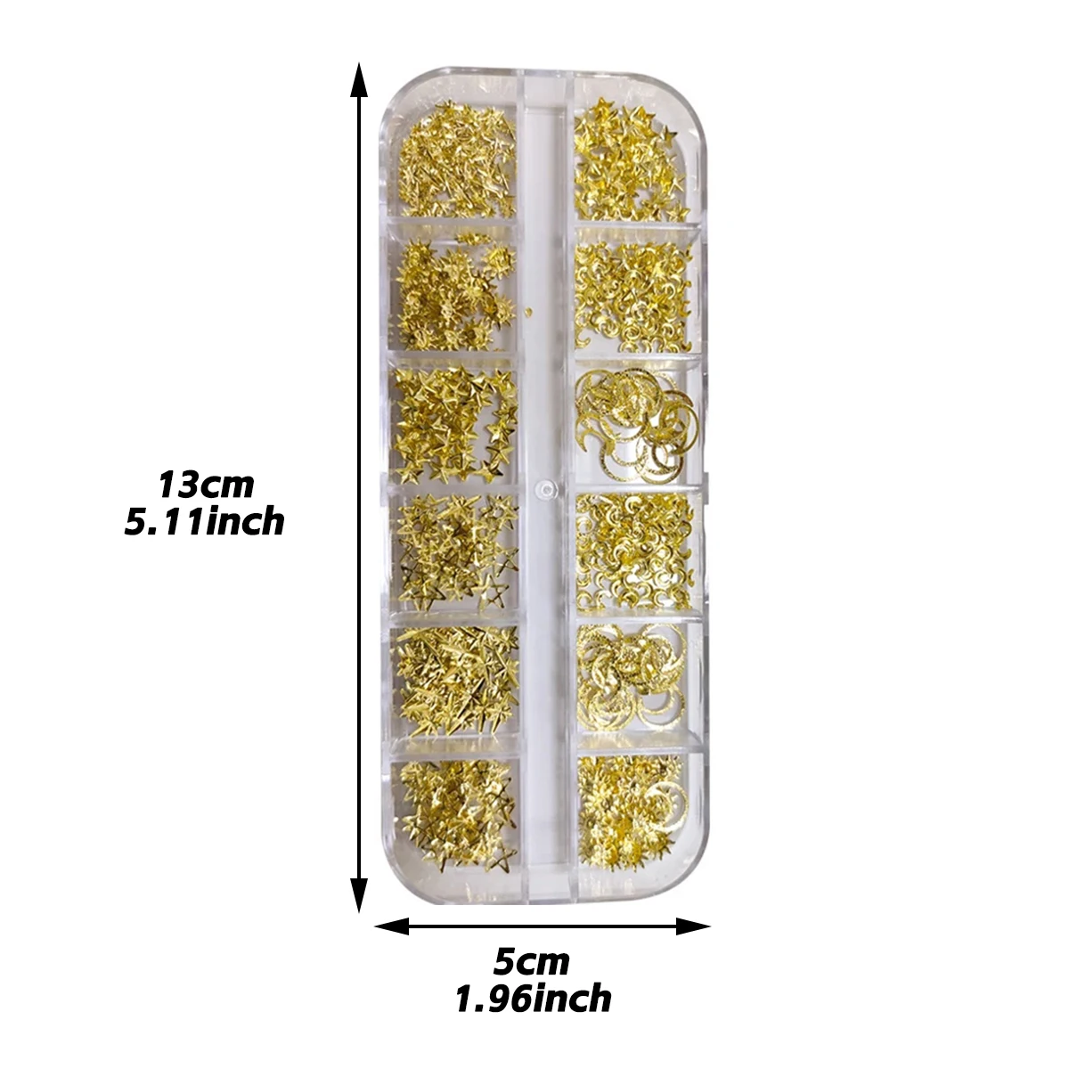 12-Grid Box of 3D Golden Nail Art Decorations - Metallic Star, Moon, Heart, Triangle, Square Nai