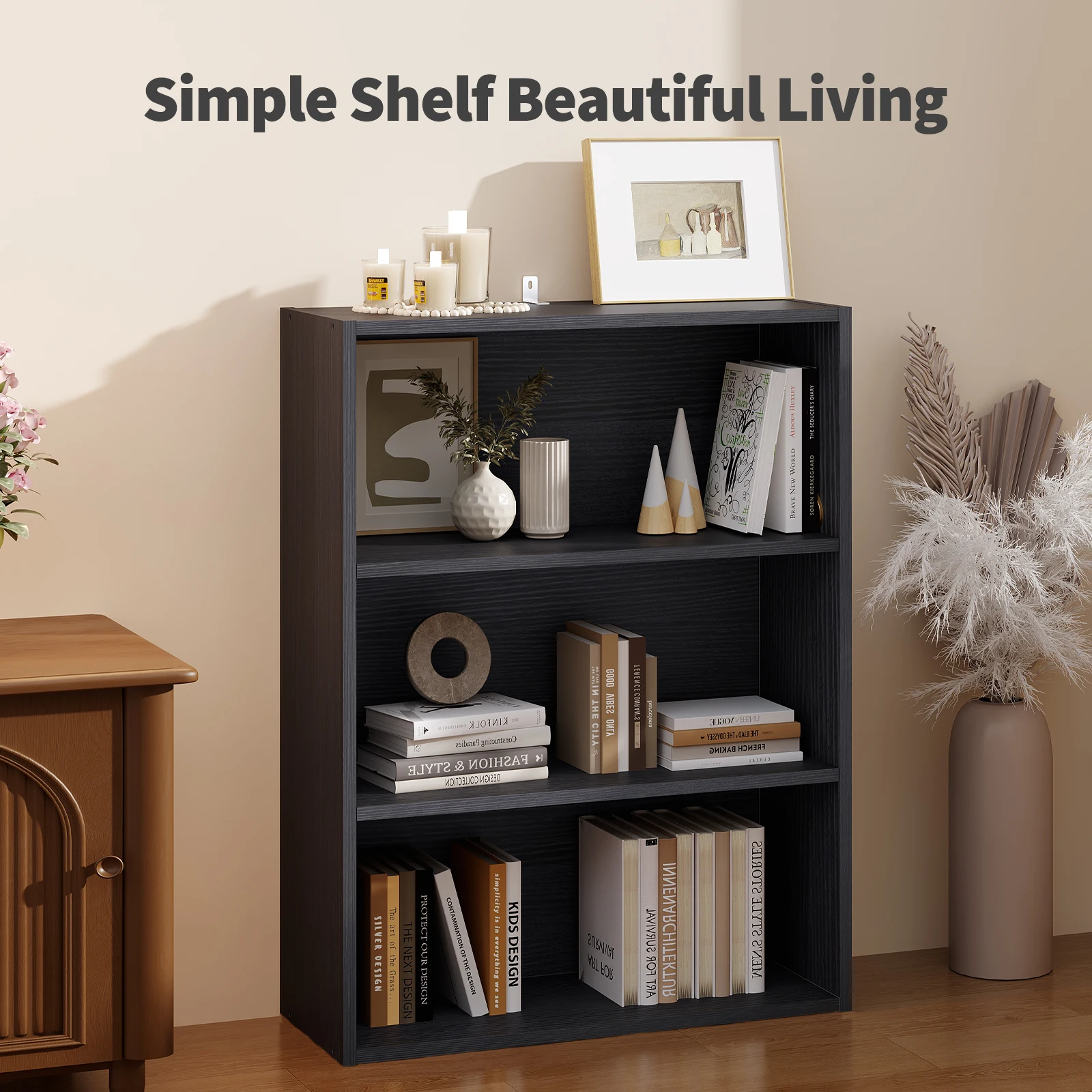 MCQ Wooden 3 Tiers Bookshelf Storage 31.5 Inch Tall Standing Display Bookshelf Sturdy Structure Graduated Shelves for Home