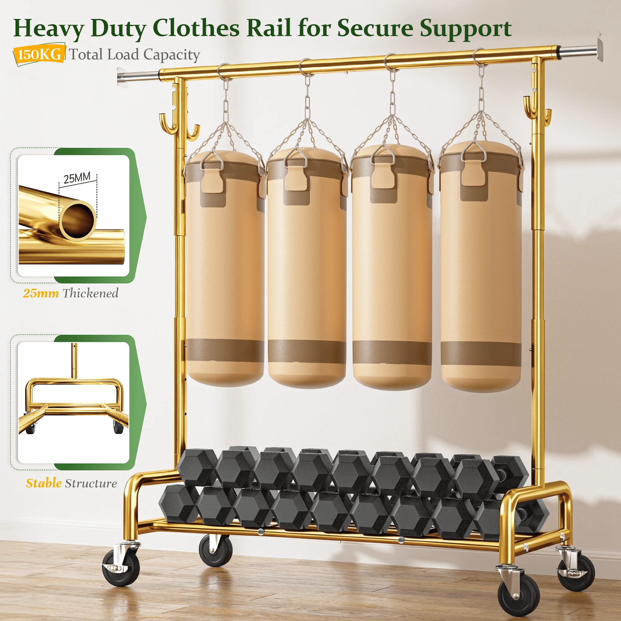 EnHomee 76"W Heavy-Duty Garment Rack – 450 Lbs Capacity, Lockable Wheels, Adjustable Height – For Bedroom, Laundry Room, or Closet