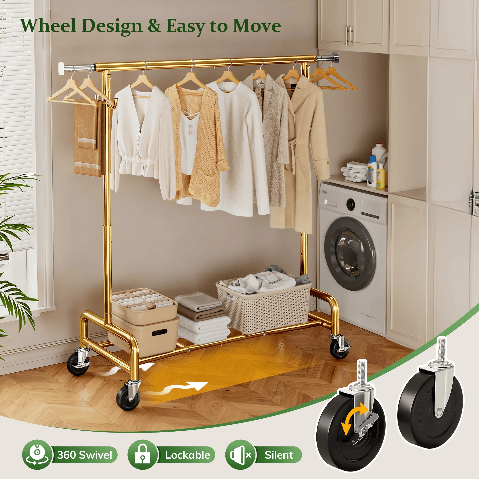 EnHomee 76"W Heavy-Duty Garment Rack – 450 Lbs Capacity, Lockable Wheels, Adjustable Height – For Bedroom, Laundry Room, or Closet