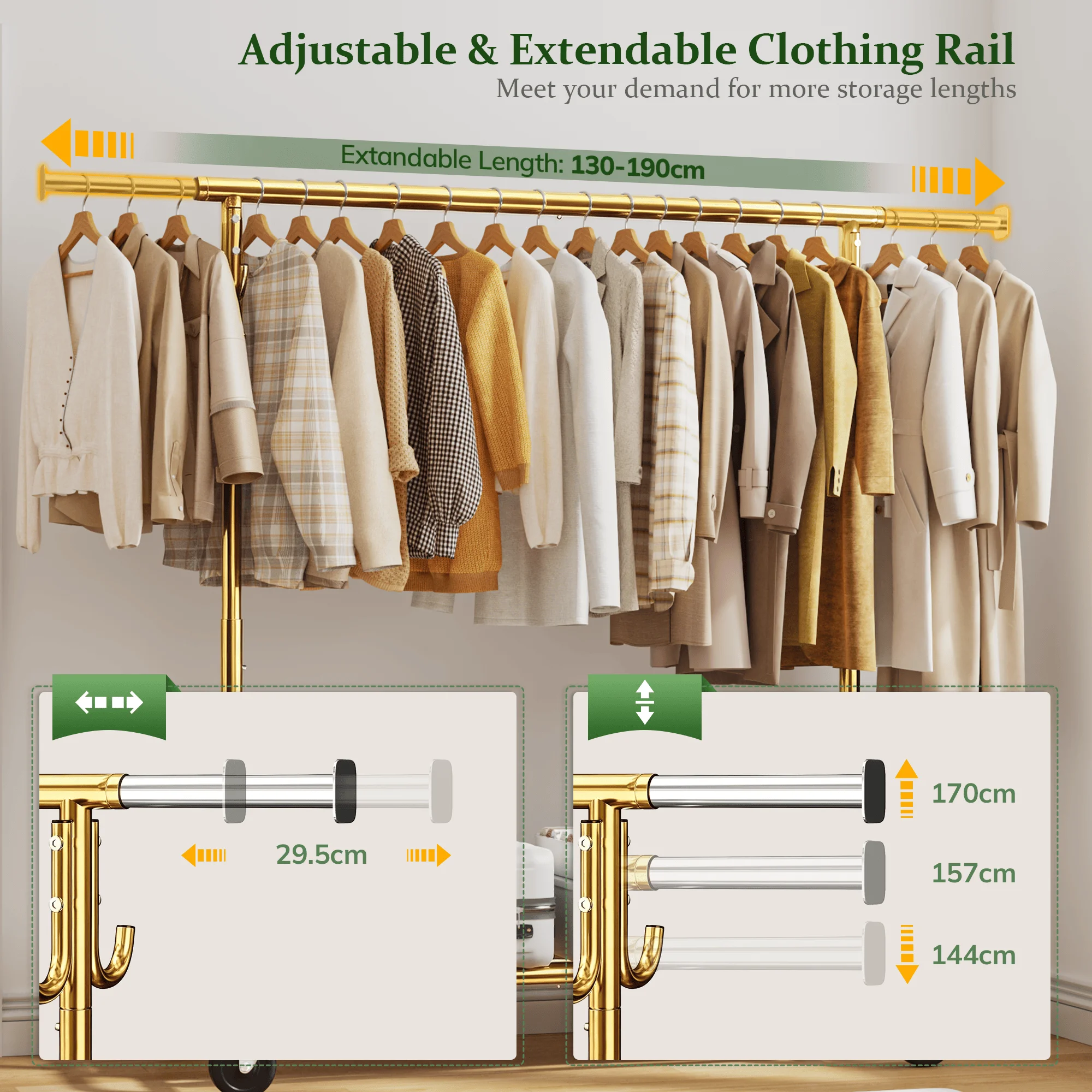 EnHomee 76"W Heavy-Duty Garment Rack – 450 Lbs Capacity, Lockable Wheels, Adjustable Height – For Bedroom, Laundry Room, or Closet