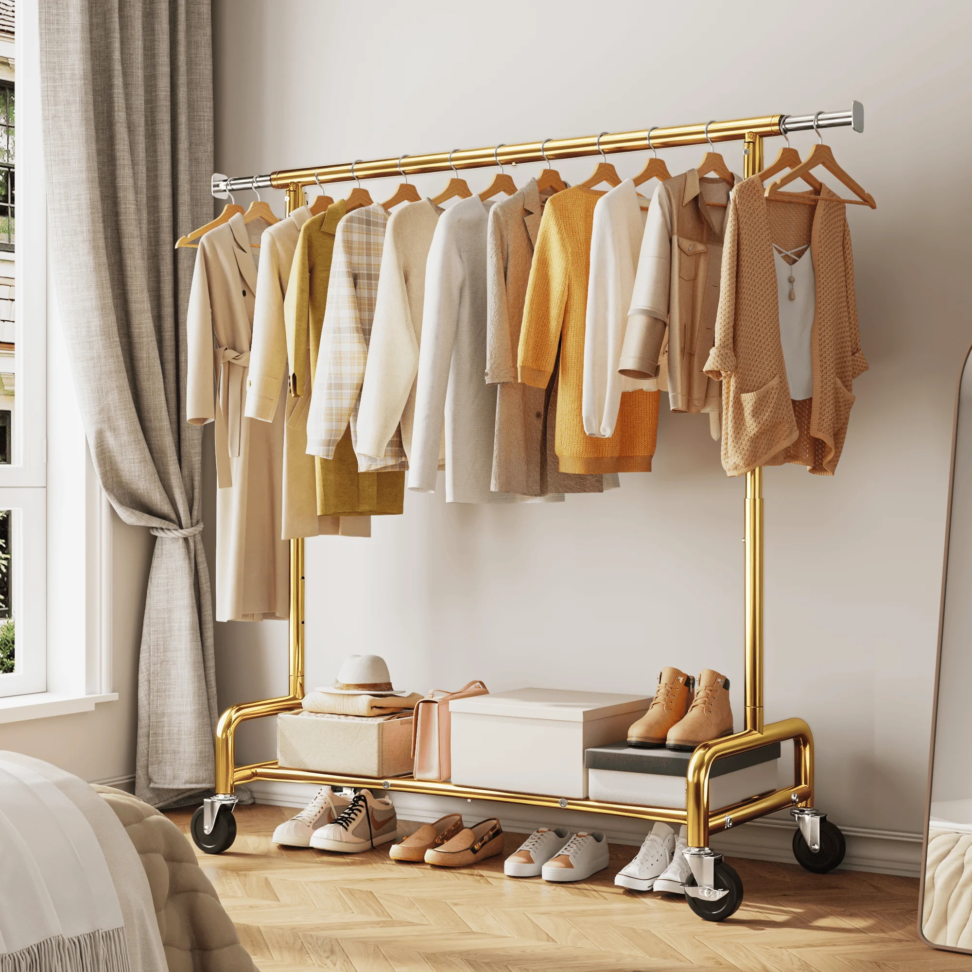 EnHomee 76"W Heavy-Duty Garment Rack – 450 Lbs Capacity, Lockable Wheels, Adjustable Height – For Bedroom, Laundry Room, or Closet