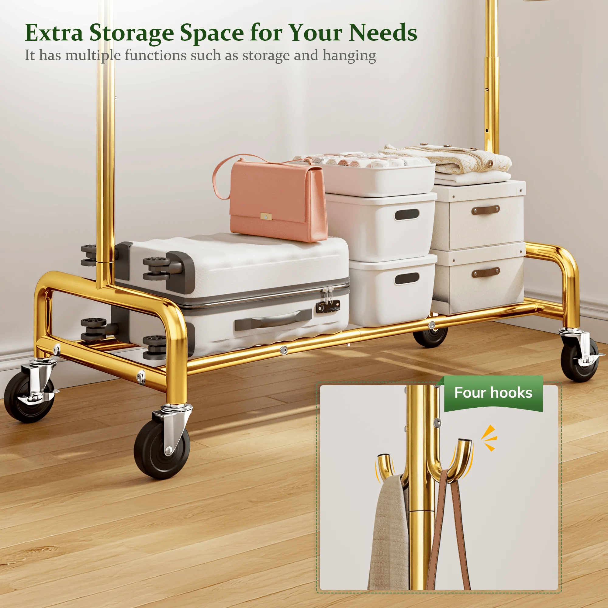 EnHomee 76"W Heavy-Duty Garment Rack – 450 Lbs Capacity, Lockable Wheels, Adjustable Height – For Bedroom, Laundry Room, or Closet