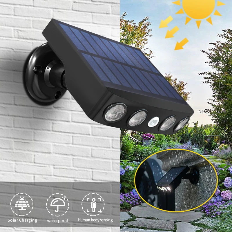 FAMCDC Solar Flood Light 4 LED Wall Light Motion Sensor Security Spot Wall Street Yard Outdoor Patio Lamp Garden Lighting