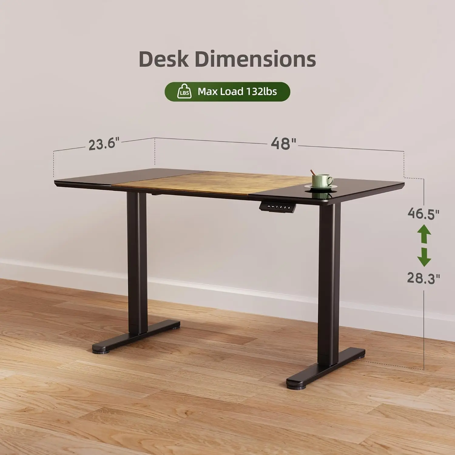 Glass Standing Desk, 48 x 24 Inches Height-Adjustable Desk, Tempered Glass and Wooden Top, Quick Install Home, Customized