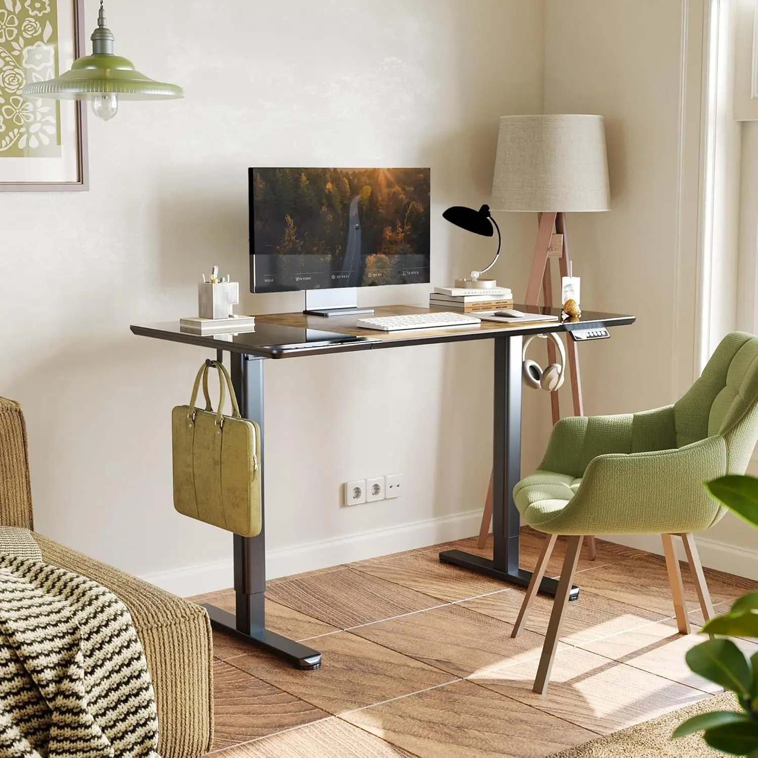 Glass Standing Desk, 48 x 24 Inches Height-Adjustable Desk, Tempered Glass and Wooden Top, Quick Install Home, Customized