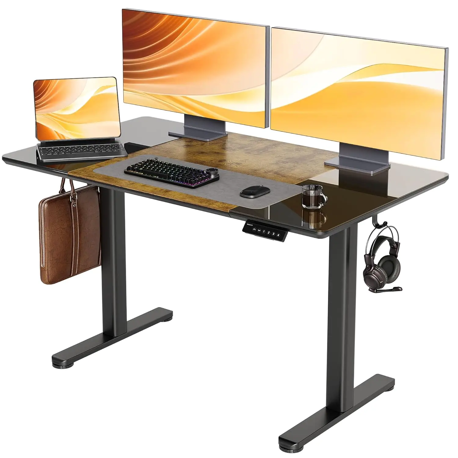 Glass Standing Desk, 48 x 24 Inches Height-Adjustable Desk, Tempered Glass and Wooden Top, Quick Install Home, Customized