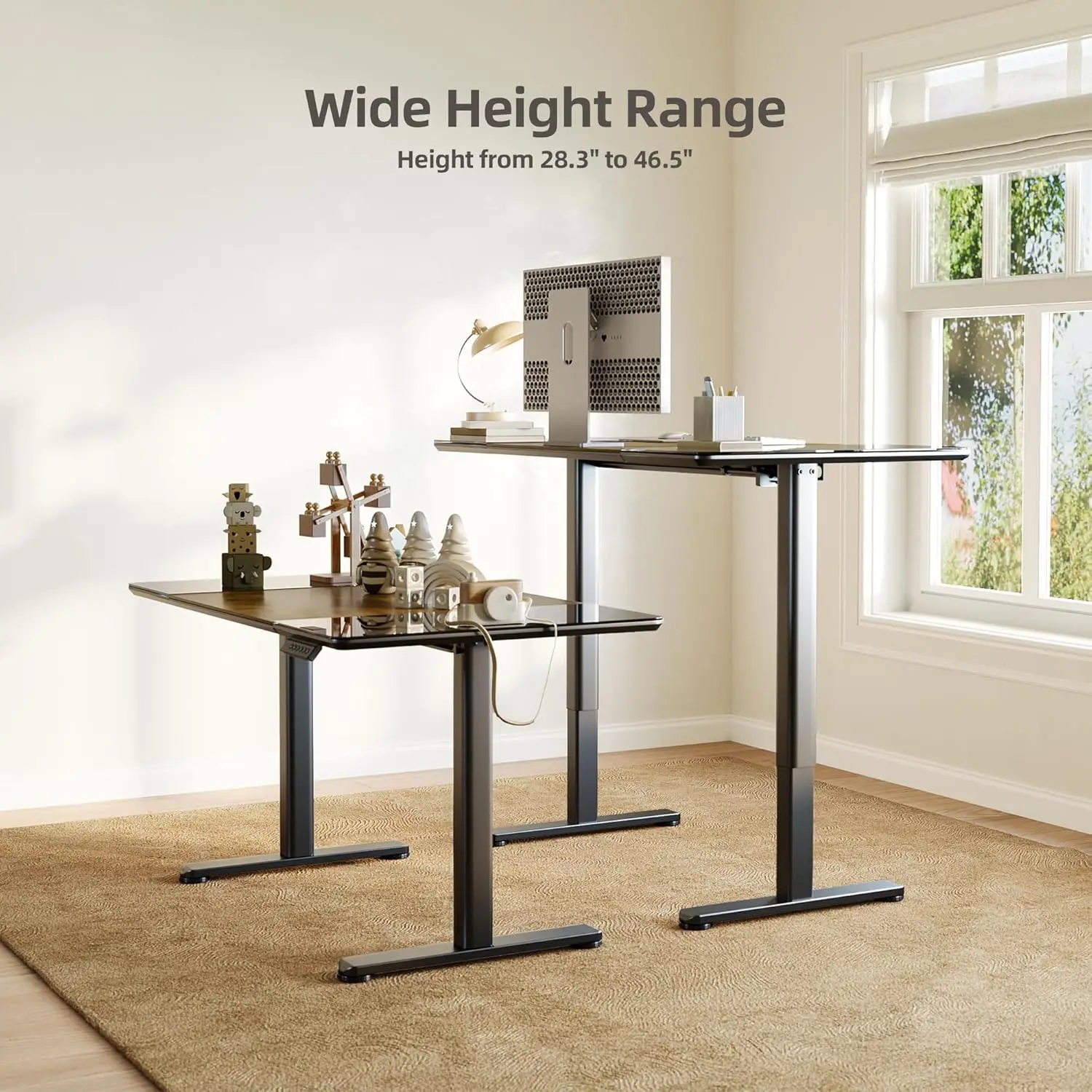 Glass Standing Desk, 48 x 24 Inches Height-Adjustable Desk, Tempered Glass and Wooden Top, Quick Install Home, Customized