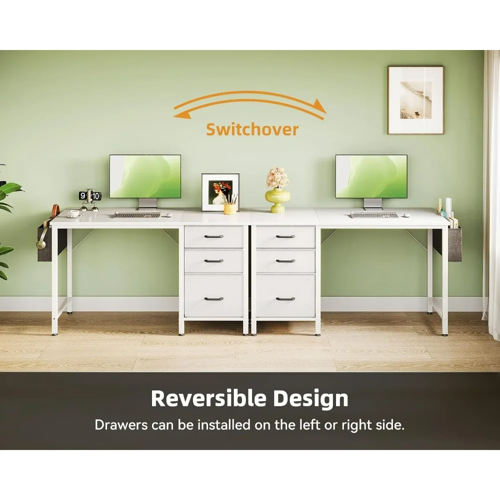 40" Small Home Office Computer Desk Snow White Fabric Drawers File Cabinet Storage Bag Hook Writing Desk for Bedroom Small Space