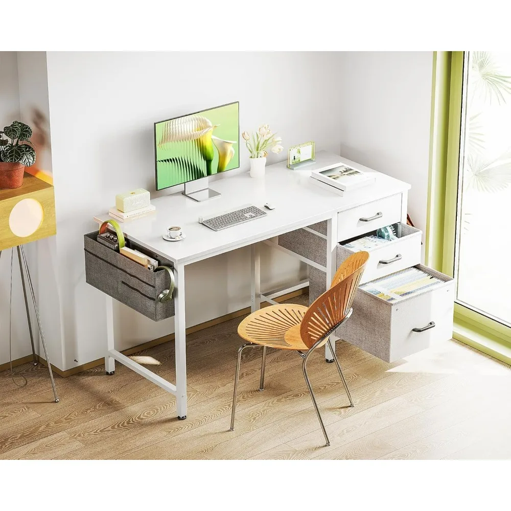 40" Small Home Office Computer Desk Snow White Fabric Drawers File Cabinet Storage Bag Hook Writing Desk for Bedroom Small Space