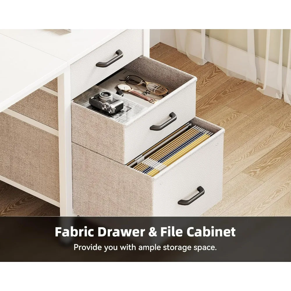40" Small Home Office Computer Desk Snow White Fabric Drawers File Cabinet Storage Bag Hook Writing Desk for Bedroom Small Space