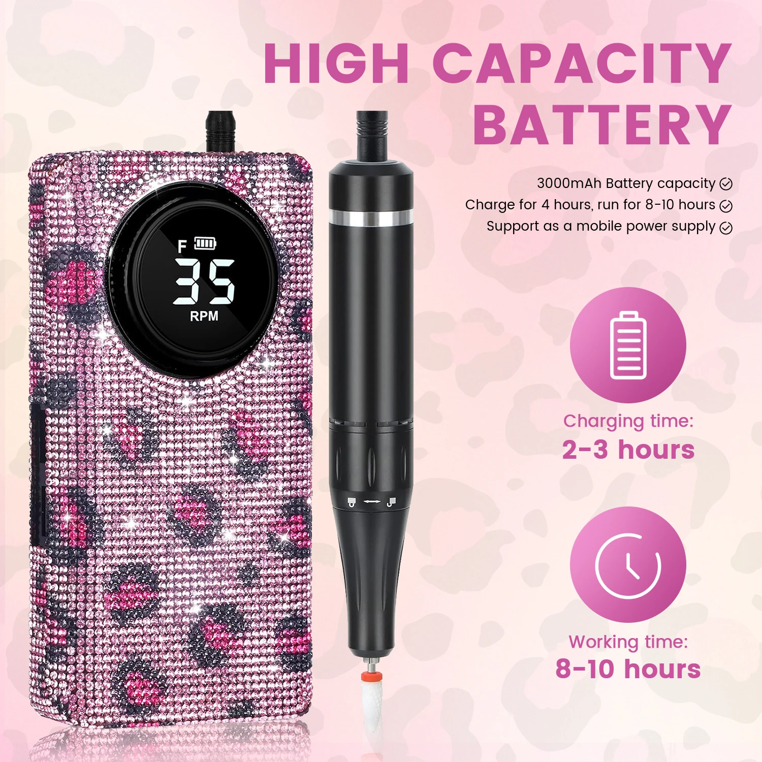 Pink Leopard Print Electric Nail Drill 35000RPM Portable Nail File Faster Removal Acrylic Nails & Large Battery Capacity
