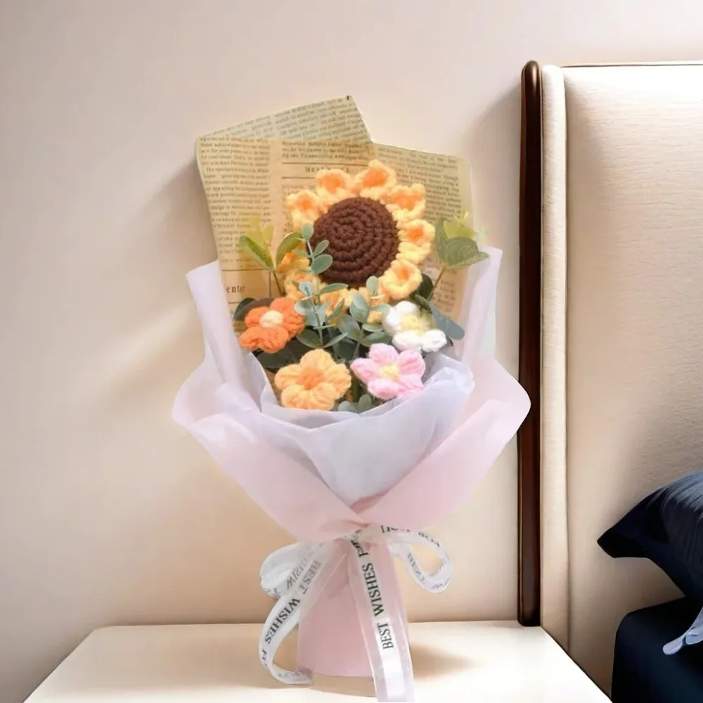 Artificial Flower Crochet Bouquet Handmade Anniversary Sunflower Daisy Bouquet Mothers Day Birthday Gift Eternal Flower