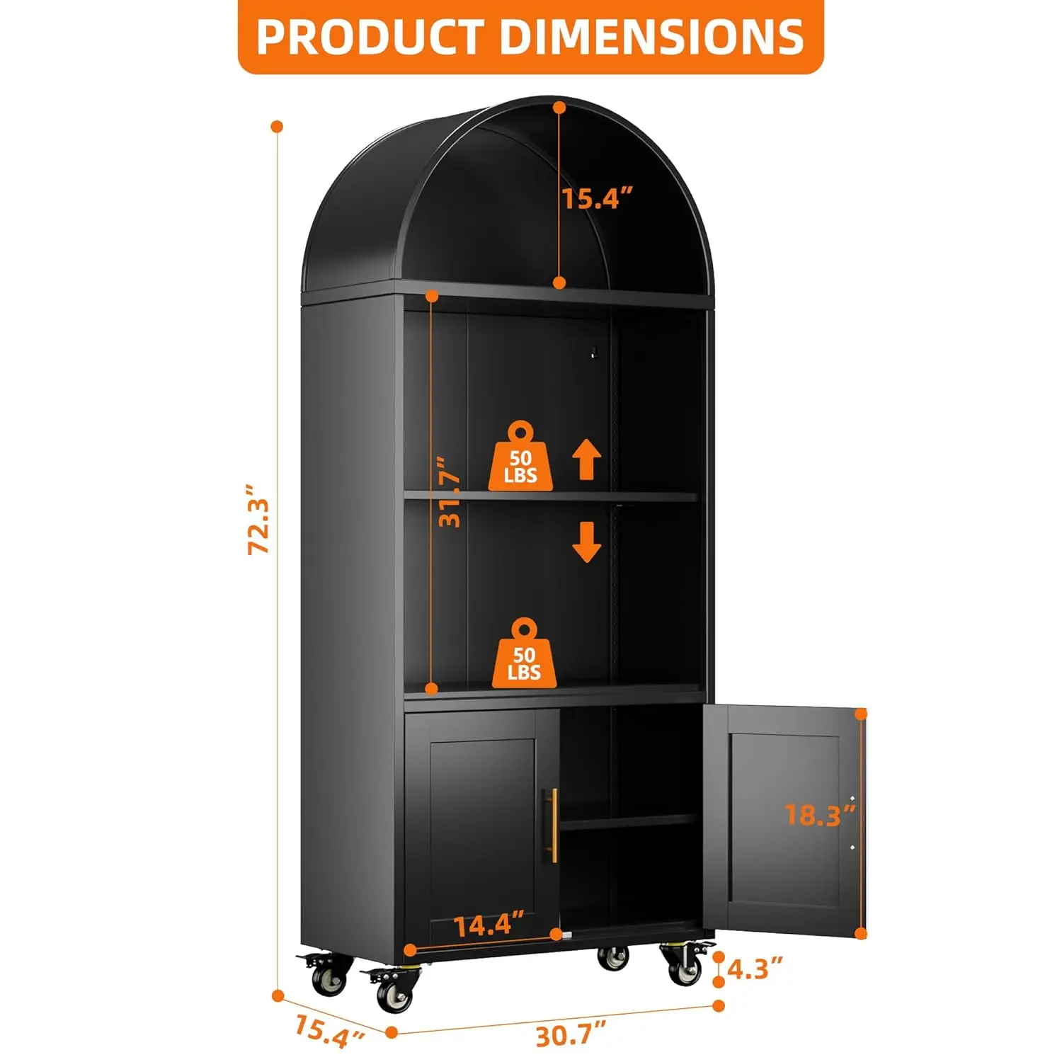 Black Metal Arched Bookcase with Wheels 2 Adjustable Shelves Home Office Living Room, Customized