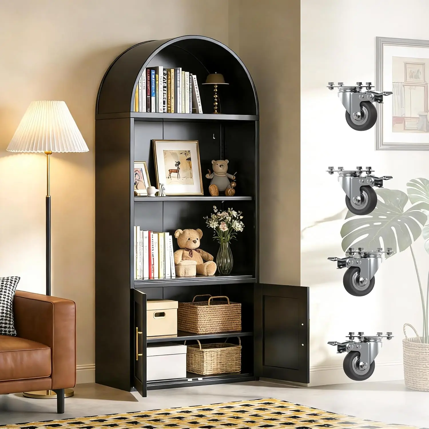 Black Metal Arched Bookcase with Wheels 2 Adjustable Shelves Home Office Living Room, Customized
