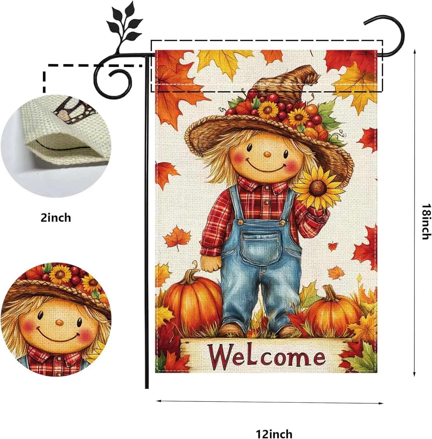 Fall Pumpkin Scarecrow Garden Flag 12x18 Double Sided Burlap Thanksgiving Maple Leaf Sunflower Farmhouse Rustic Yard Decor