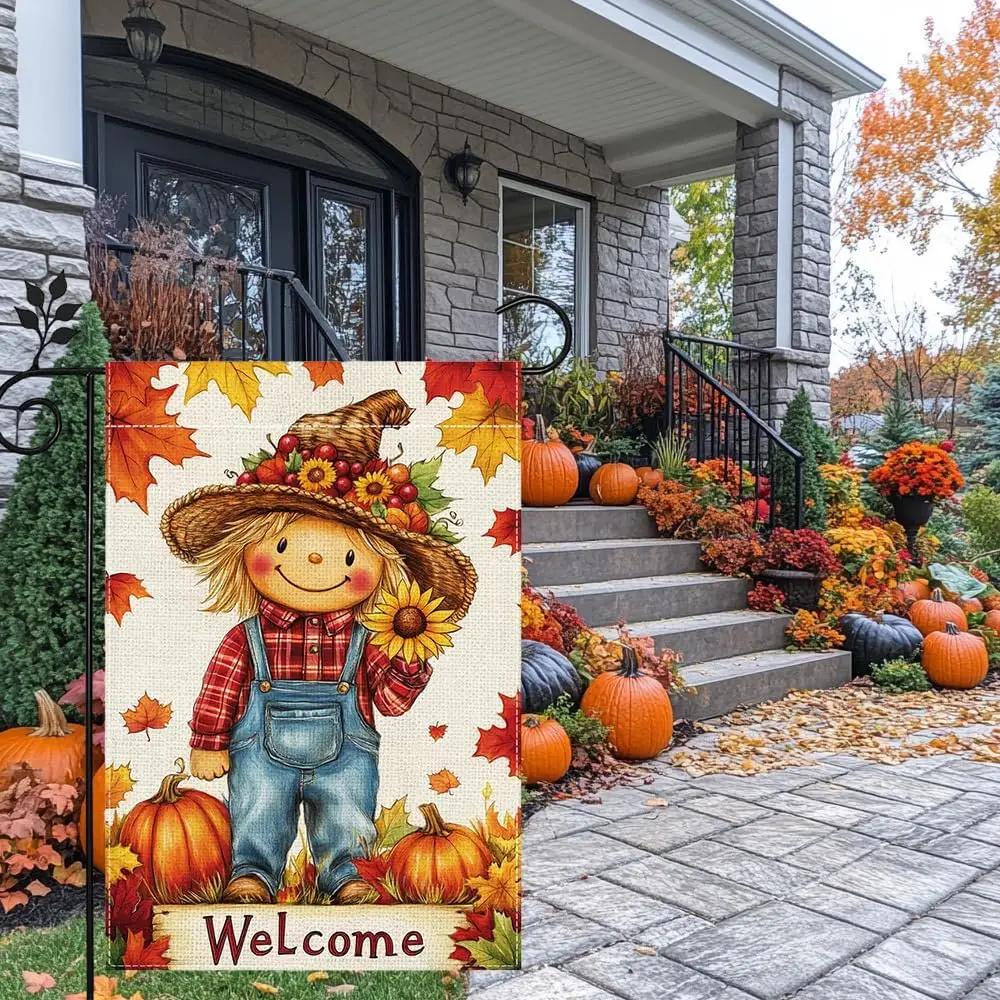 Fall Pumpkin Scarecrow Garden Flag 12x18 Double Sided Burlap Thanksgiving Maple Leaf Sunflower Farmhouse Rustic Yard Decor