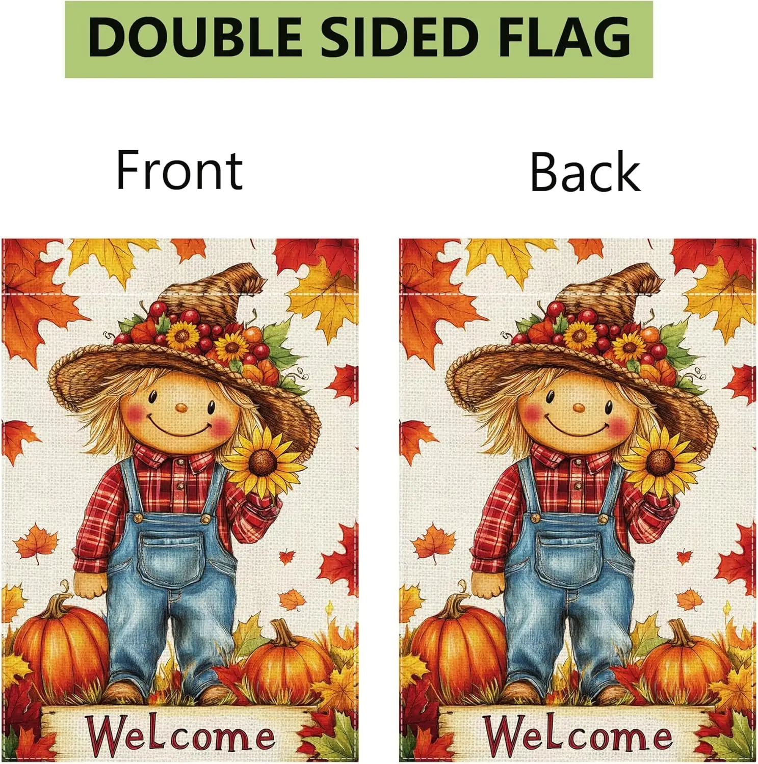 Fall Pumpkin Scarecrow Garden Flag 12x18 Double Sided Burlap Thanksgiving Maple Leaf Sunflower Farmhouse Rustic Yard Decor