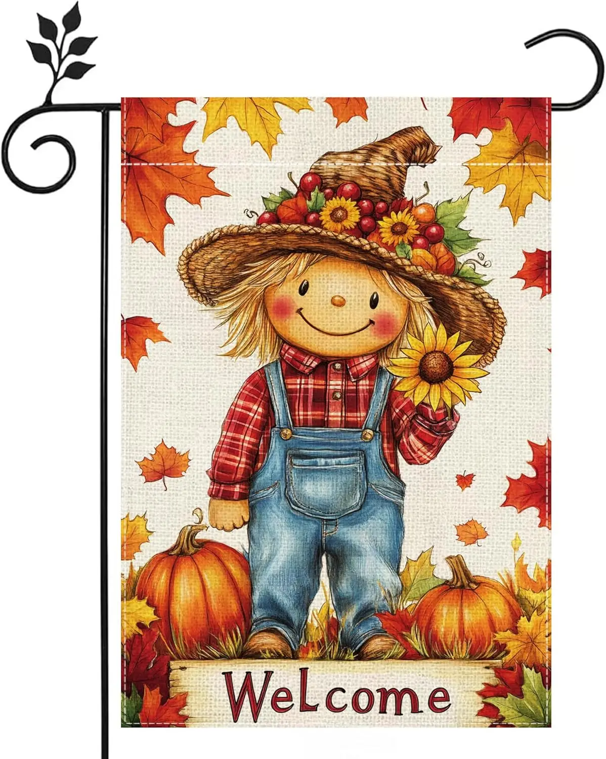 Fall Pumpkin Scarecrow Garden Flag 12x18 Double Sided Burlap Thanksgiving Maple Leaf Sunflower Farmhouse Rustic Yard Decor