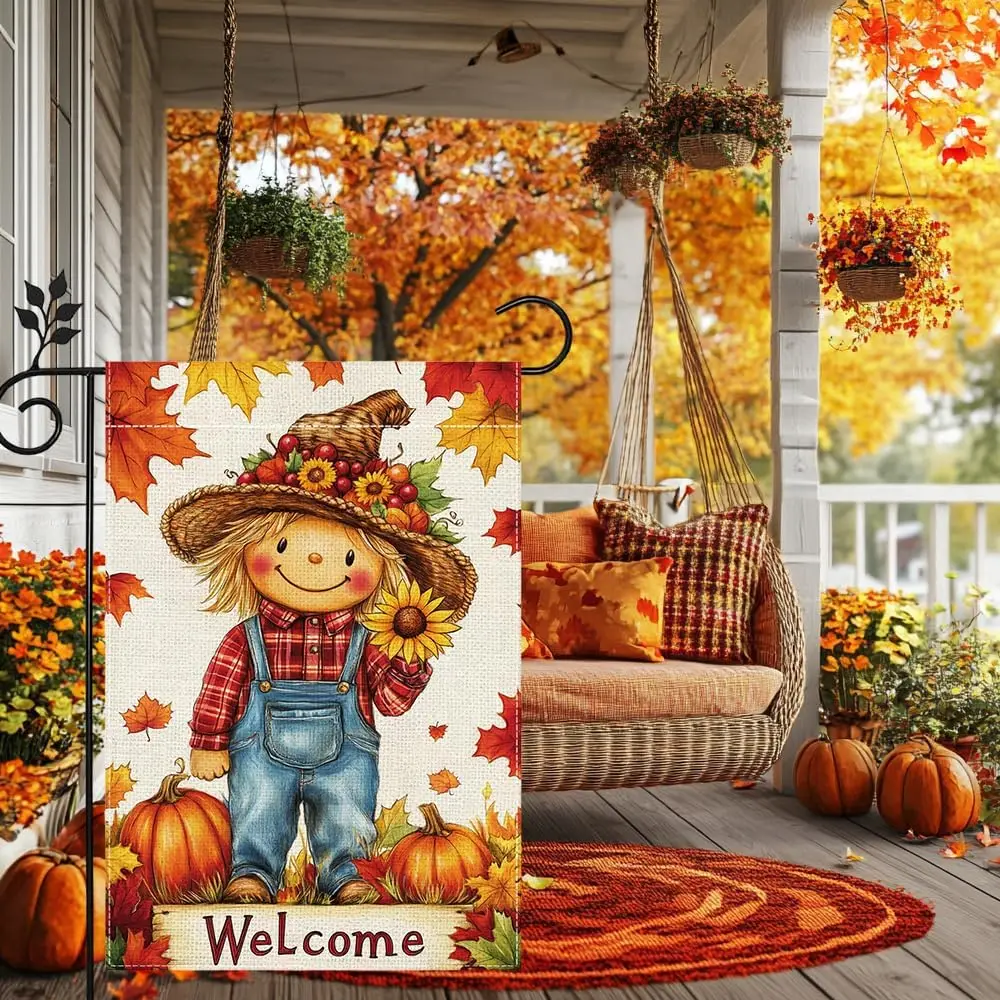 Fall Pumpkin Scarecrow Garden Flag 12x18 Double Sided Burlap Thanksgiving Maple Leaf Sunflower Farmhouse Rustic Yard Decor